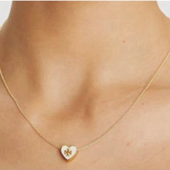 Tory Burch White Enamel Logo Heart Necklace - Picture 2 of 8